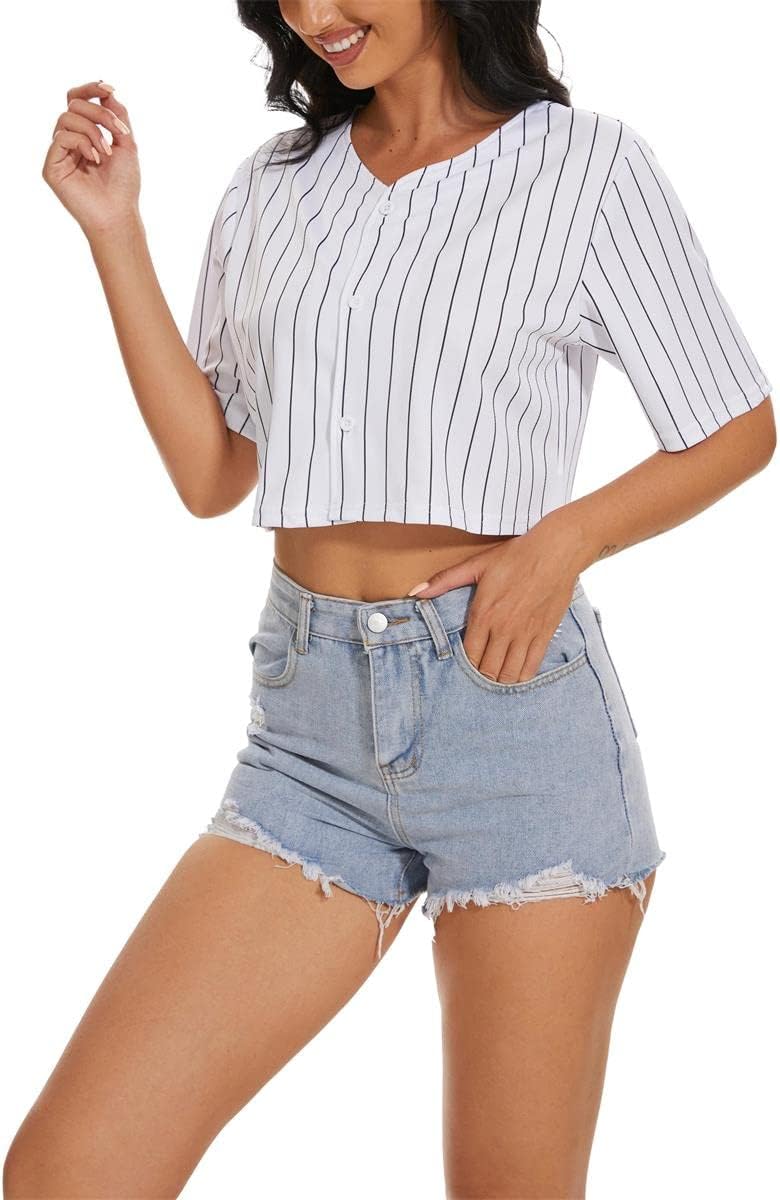Mowbeat Cropped Jersey for Women Stripe Baseball Jersey Button Down T-Shirts Crop Top V-Neck Softball Blouse - Image 3
